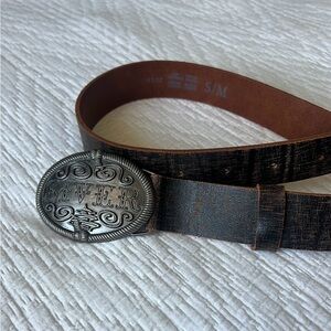 Vintage Siver Brown Leather Belt with Ornate Silver tone Buckle